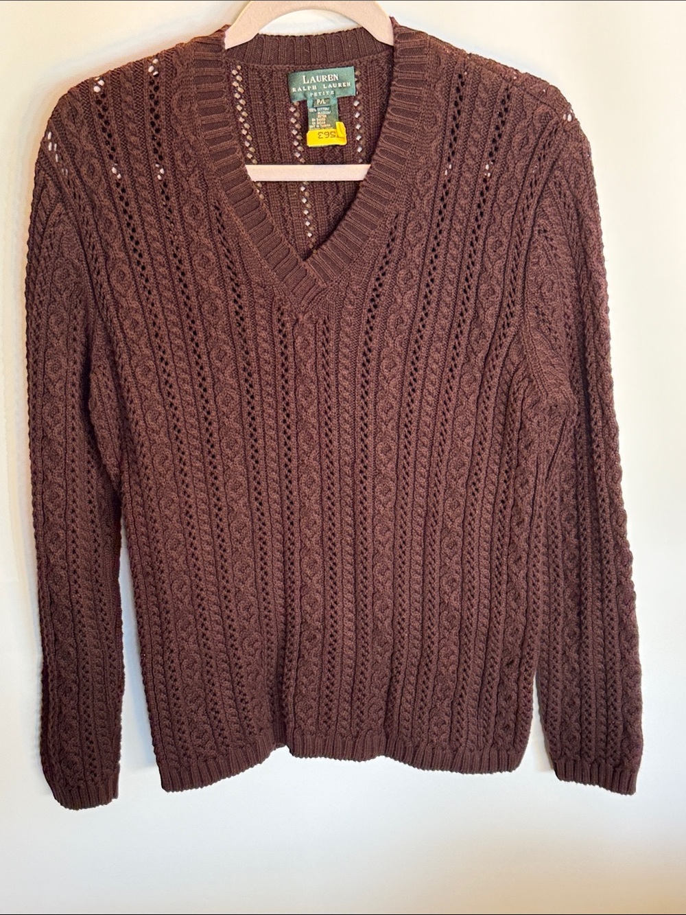 Lauren Ralph Lauren Chocolate Brown Cable-Knit V-Neck Sweater Size:P/L